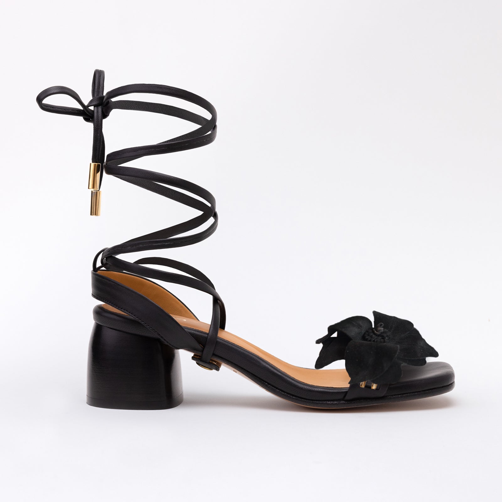 Black Heeled Sandals with Charcoal Camia Flower Gladiator Strap