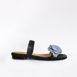 Black Flat Swap Sandal Denim Blue Flower with Cushion