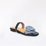 Black Flat Swap Sandal Denim Blue Flower with Cushion