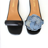 Black Flat Swap Sandal Denim Blue Flower with Cushion