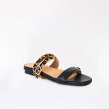 Black Flat Swap Sandal Double Leopard