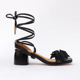 Heeled Swap Sandal Black Charcoal Camia Flower Gladiator Long Strap - Black