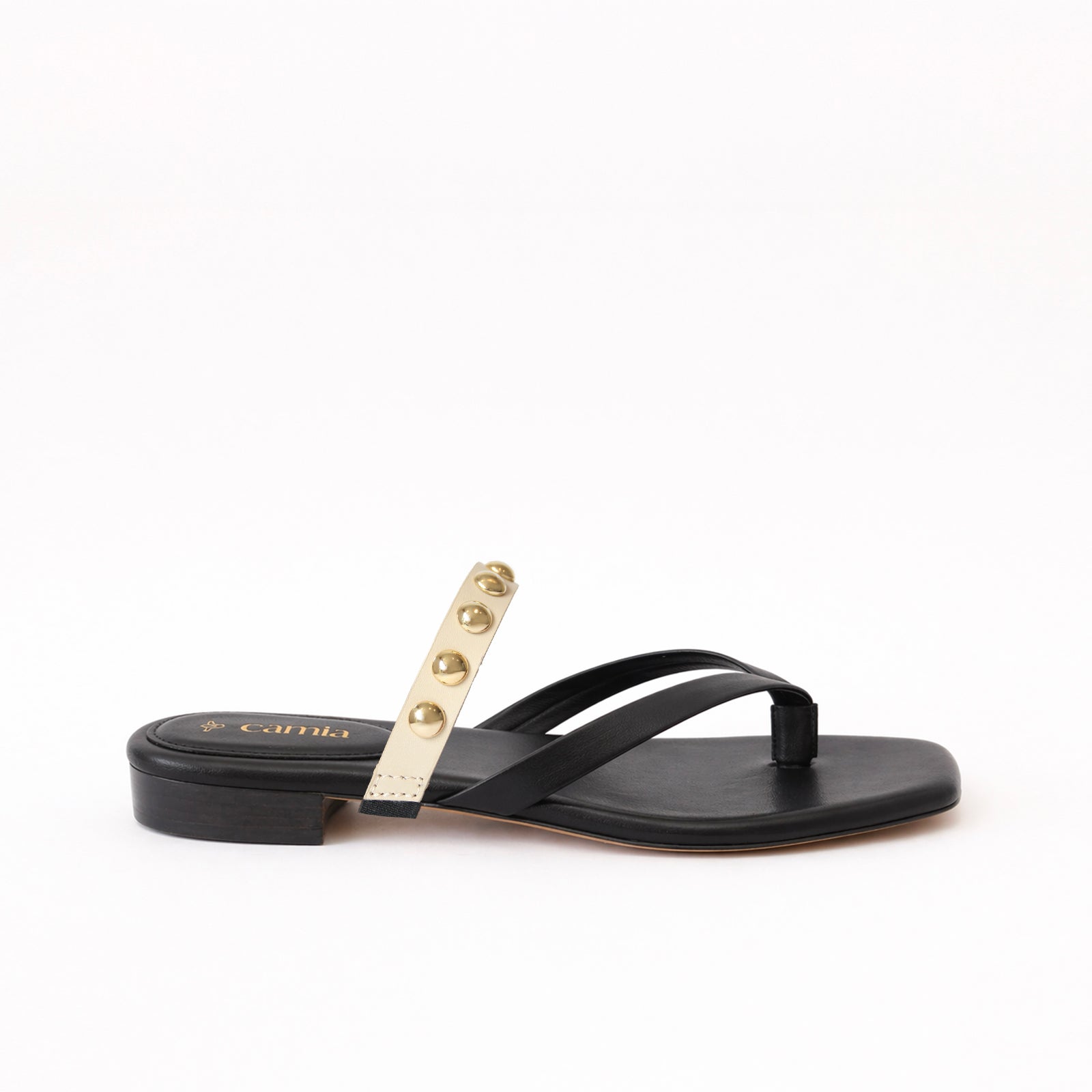 Black Thongs - Cream Golden Studs