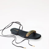 Heeled Swap Sandal Black Charcoal Camia Flower Gladiator Long Strap - Black