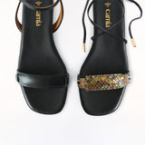 Heeled Swap Sandal Black Charcoal Camia Flower Gladiator Long Strap - Black
