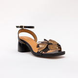 Heeled Swap Sandal Black Charcoal Camia Flower Gladiator Long Strap - Black