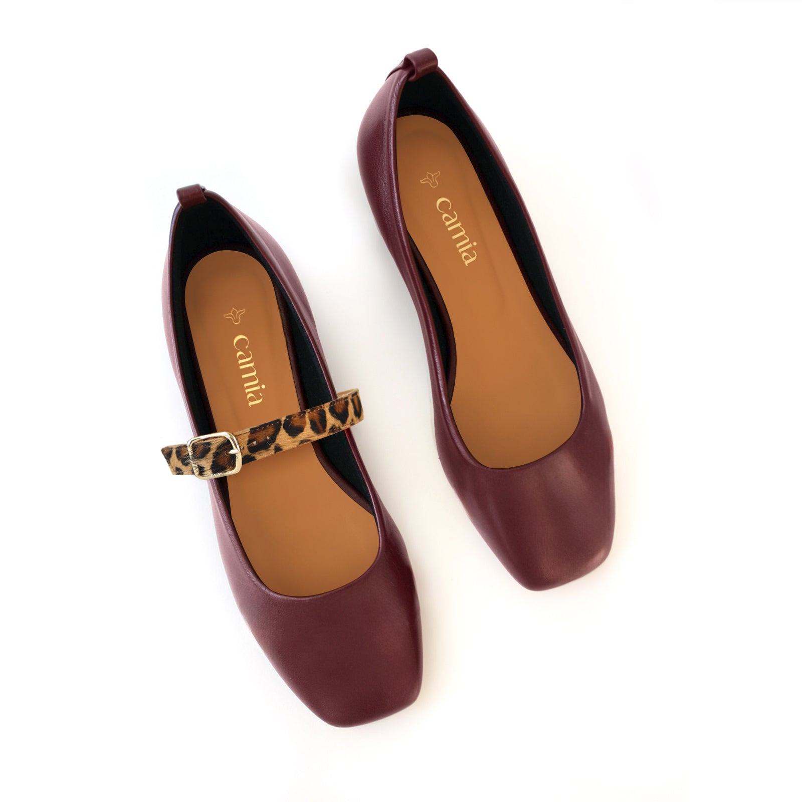 Burgundy Ballet Flats with Leopard Strap | Bold & Customizable Camia Burgundy Ballet Flats with Leopard Strap | Bold & Customizable Camia