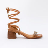 Heeled Swap Sandal Camel Sandy Gladiator Long Strap - Camel