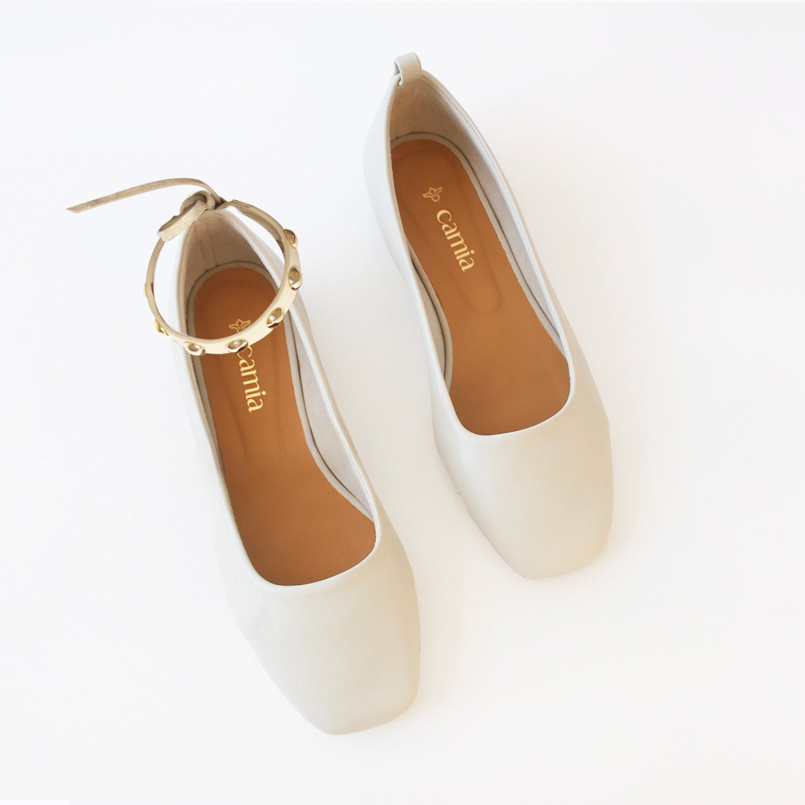 Off White Ballet Flats with Golden Studs Cream Ankle Strap Off White Ballet Flats with Golden Studs Cream Ankle Strap